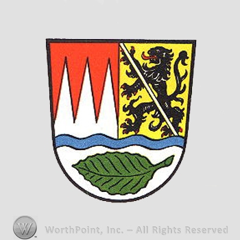 Heraldry: shield, lion, dents, leaf, waving line.