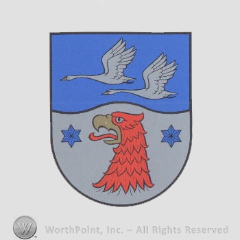 Heraldry: shield, two swans, two stars, eagle head.
