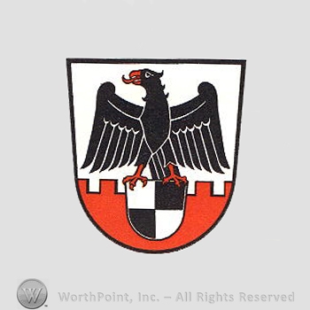 Heraldry: shield, eagle, castle wall, shield.