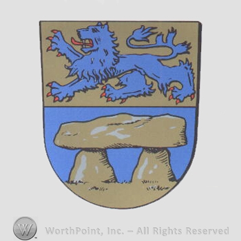 Heraldry: shield, lion, stones.