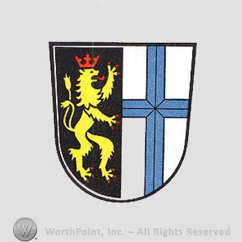 Heraldry: lion rampant, cross, shield.