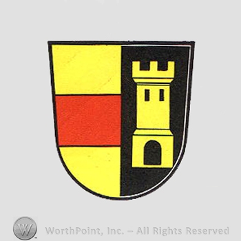Heraldry: shield, castle tower, red square.