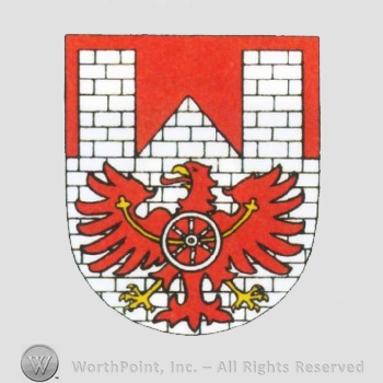 Heraldry: castle with towers, eagle, wheel, shield.