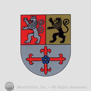 Heraldry: two lions, cross, flower, shield.
