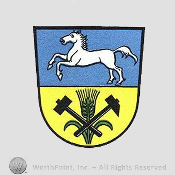 Heraldry: shield, horse, hammers, wheat spice.
