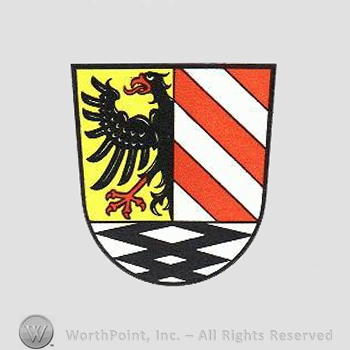 Heraldry: shield, eagle, red lines.