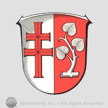 Heraldry: shield, cross, plant.