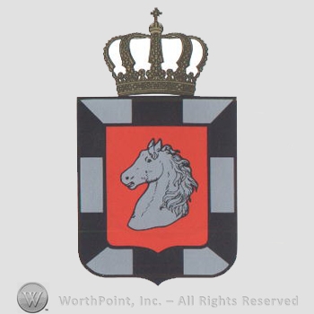 Heraldry: imperial crown, shield, horse head.