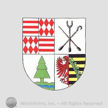 Heraldry: shield, tree, eagle, diamonds, red lines, tools.