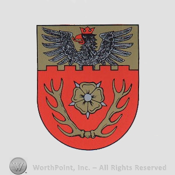 Heraldry: shield, eagle, deer antlers, cinquefoils.