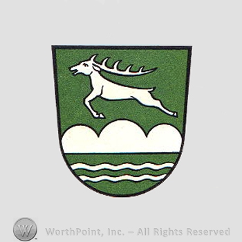 Heraldry: shield, deer, hills, waving lines.