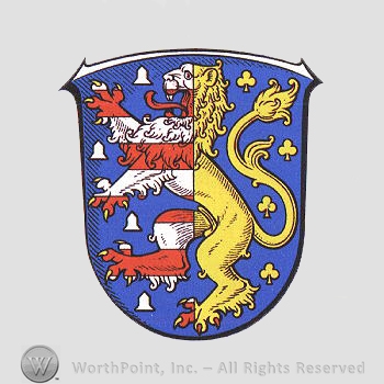 Heraldry: shield, lion rampant, bells, clover leaves.