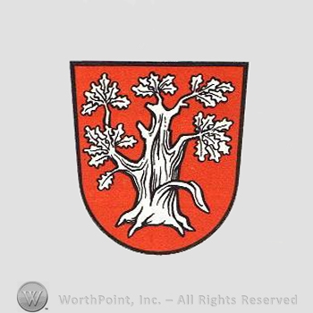 Heraldry: shield, oak tree.