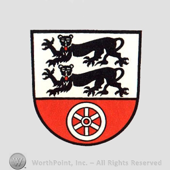 Heraldry: lions, wheel, shield.
