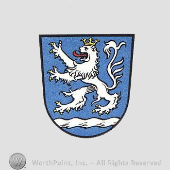 Heraldry: shield, lion rampant, waving line.