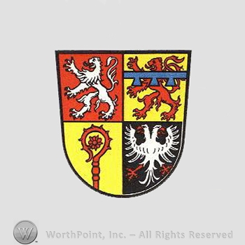 Heraldry: shield, lions, monastery stick, two head eagle.