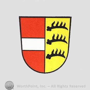 Heraldry: shield, deer antlers, white line.