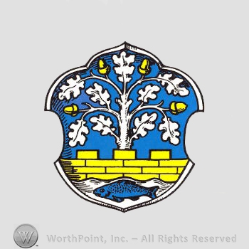 Heraldry: shield, oak tree, bric wall, fish.