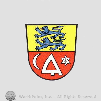 Heraldry: lions, star, moon, plough, shield.