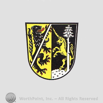 Heraldry: shield, tree, lion, unicorn.