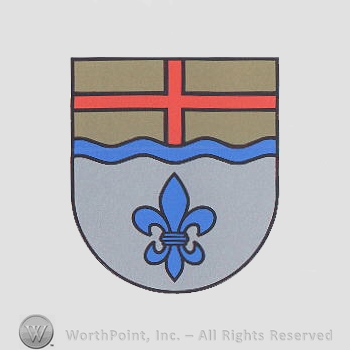 Heraldry: shield, cross, fleur-de-lis, waving line.