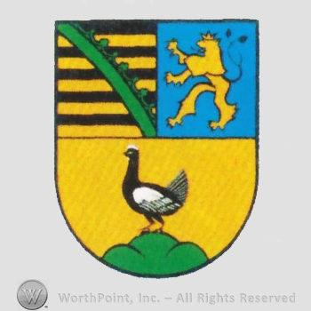Heraldry: shield, lion, rooster, ring and crown bar, hills, yellow and black lines.