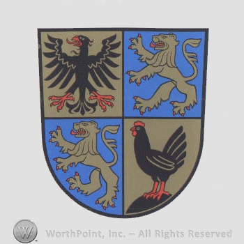 Heraldry: lions, eagle, shield, cock.