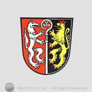 Heraldry: shield, lion, wolf, monastery stick.