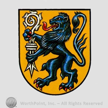 Heraldry: shield, lion, monastery stick.