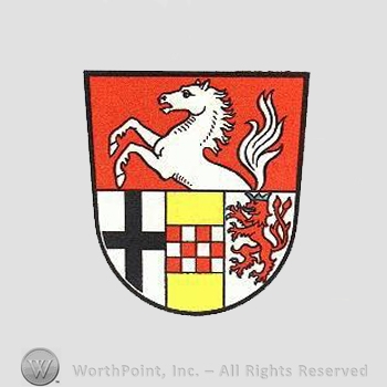 Heraldry: shield, horse, cross, lion rampant, chequered field.