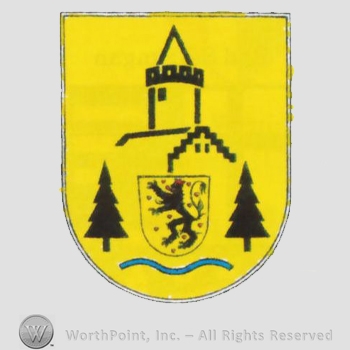 Heraldry: shield, castle, trees, waving line, lion inside shield.