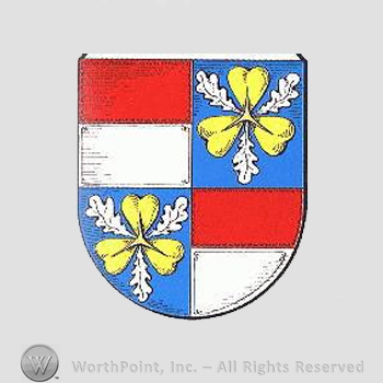 Heraldry: shield, red and white rectangles, two yellow flowers.