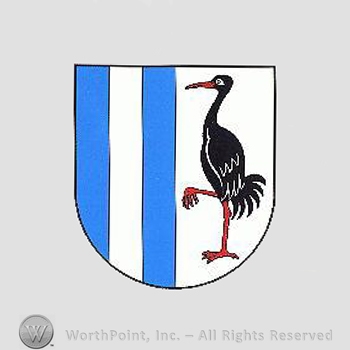 Heraldry: shield, crane, blue bars.