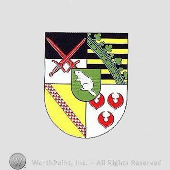 Heraldry: shield, crescents, beaver inside a shield, chequered bar, swords, yellow lines, ring an clover bar.