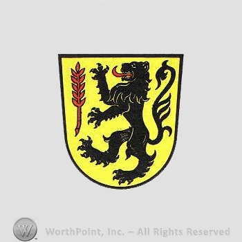 Heraldry: lion rampant, shield, wheat spice.
