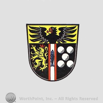 Heraldry: shield, eagle, lion, fish, white balls.
