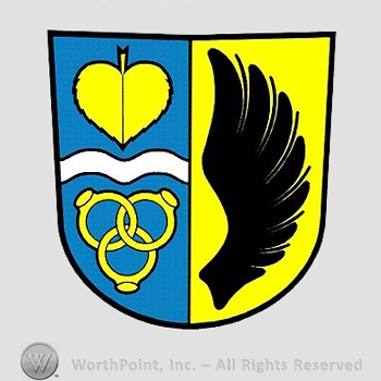 Heraldry: shield, heart, waving line, rings, wing.
