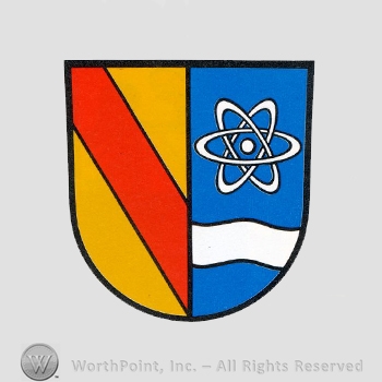 Heraldry: shield, red line, waving line, ball inside circles.