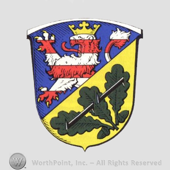 Heraldry: shield, lion with crown, oak leaves.