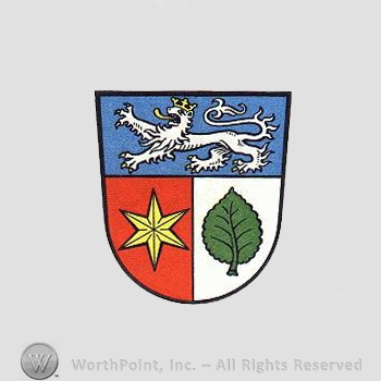 Heraldry: shield, lion, star, leaf.