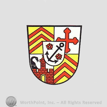 Heraldry: shield, cross, anchor, shield, cinquefoils, castle, swan, red line.