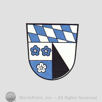 Heraldry: shield, diamond pattern, three flowers.