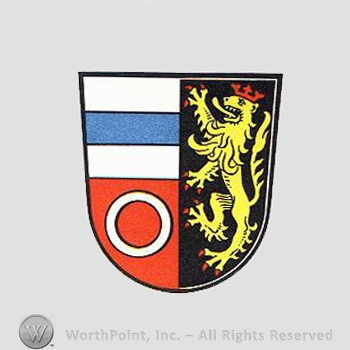 Heraldry: shield, lion, blue line, circle.