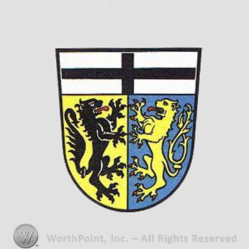 Heraldry: shield, lions, cross.