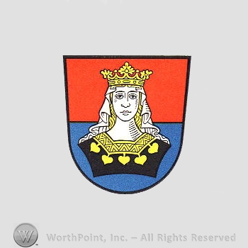 Heraldry: shield, bust of a queen.