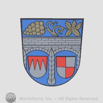 Heraldry: shield, grapes, bridge, small shields.