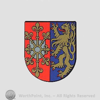 Heraldry: shield, lion rampant, fleur-de-lis symbols.
