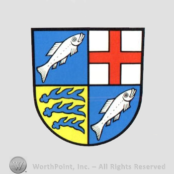 Heraldry: shield, fishes, cross, antlers.