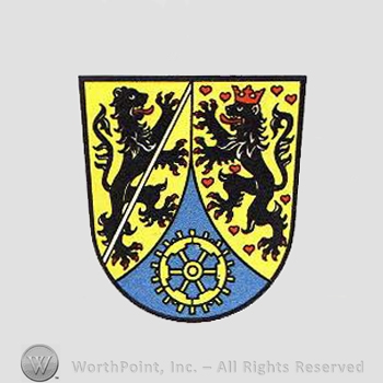 Heraldry: shield, lions, wheel, hearts.