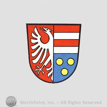 Heraldry: shield, eagle, white lines, three balls.